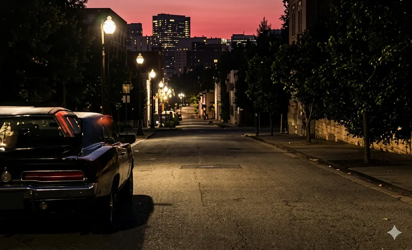 Night street scene with a car parked on the left, street lights creating a continuous row of lights, and a dark road ahead